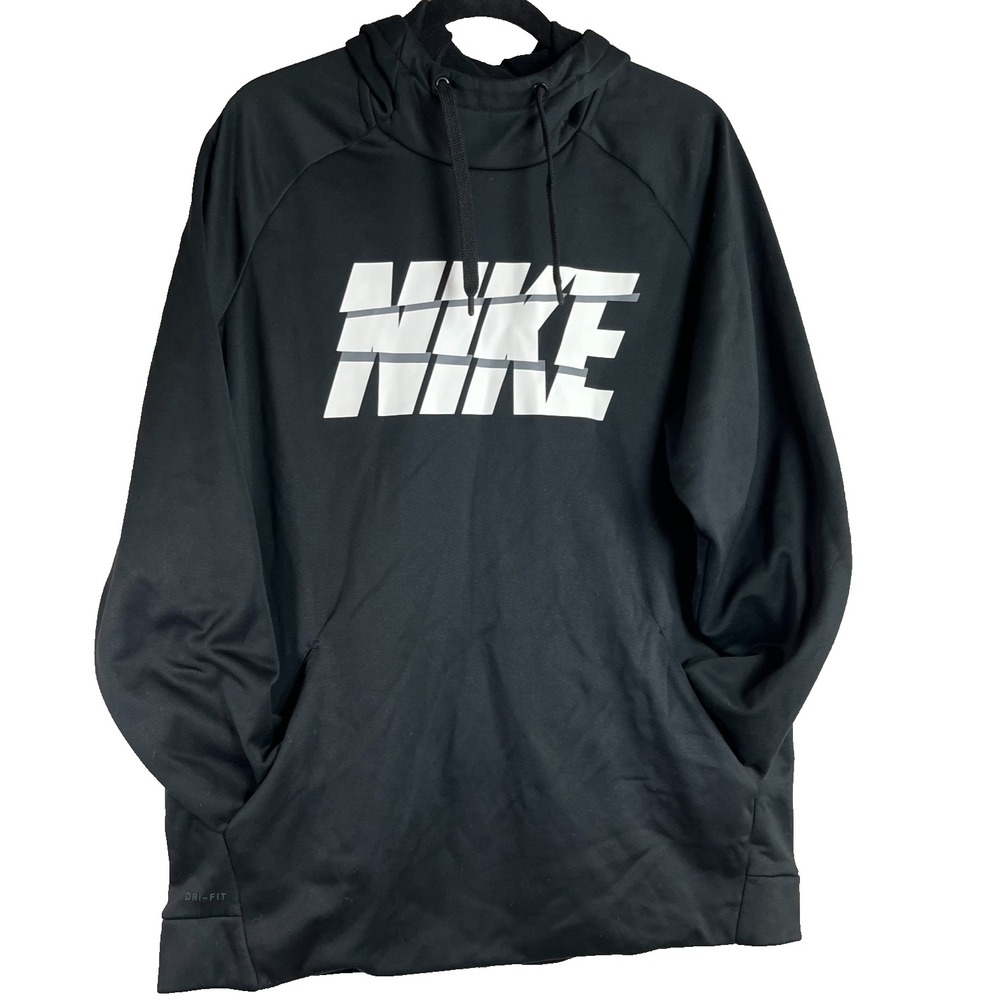 NIKE Dri Fit Sz XL Black Big Logo Pullover Hoodie Lightweight Basketball